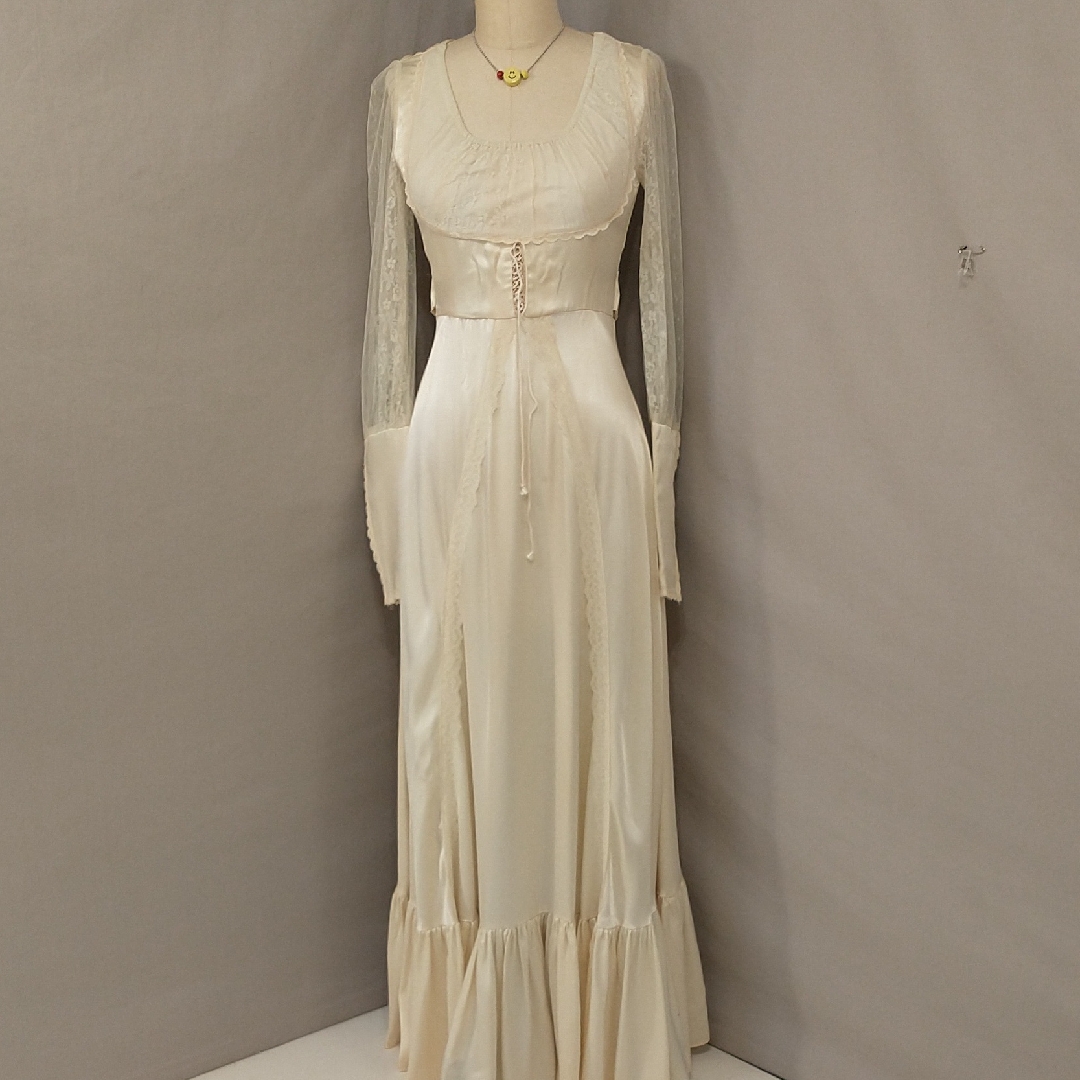 Vintage Gunne Sax Satin Maxi Dress Cream Ivory Corset Lace Romantic Fem Prairie